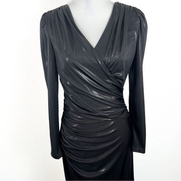 DKNY Dress Side Ruched Jersey Long V-neck Surplice Dress Faux Leather Look 6 NWT - Picture 15 of 16